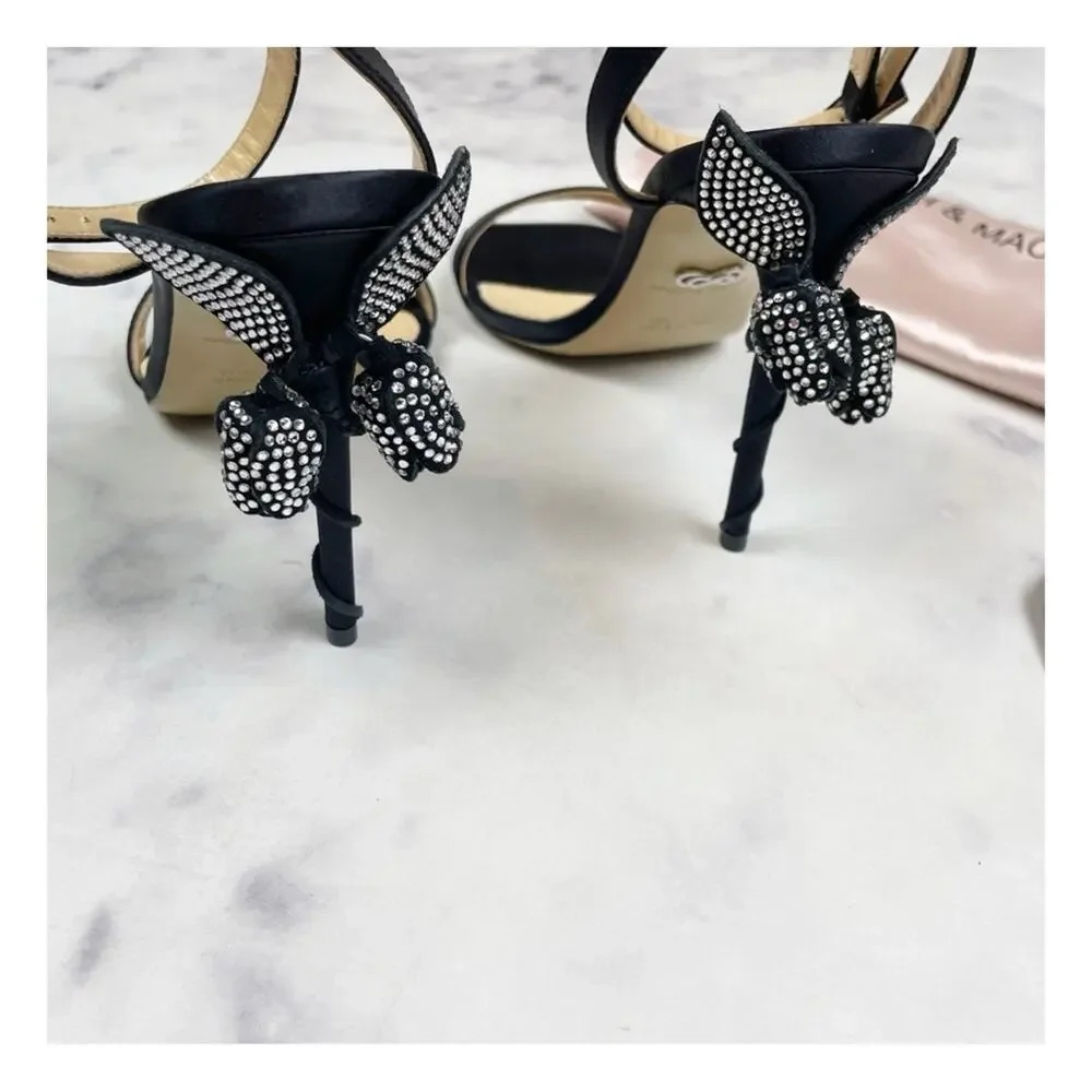 Mach & Mach Crystal Blossom Satin Sandals Black Statement Heels NWOB Sz 38.5/8.5